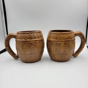 Vintage Brown Barrel Ceramic Coffee Mugs - Set of 2